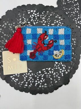 SOL & MER Beaded Lobster Coin Pouch Coastal Blue Gingham Keychain Wallet